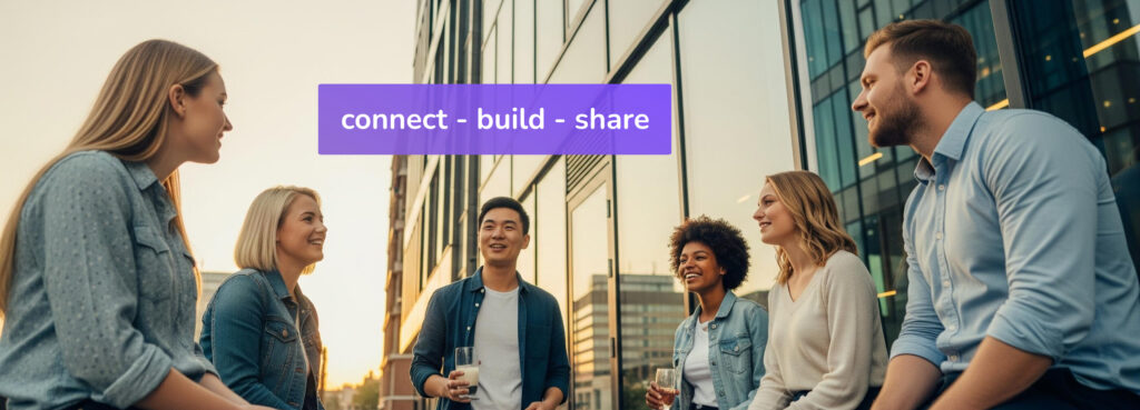A diverse group of young professionals networking at an outdoor event in a modern city setting, under a banner that says "connect - build - share".