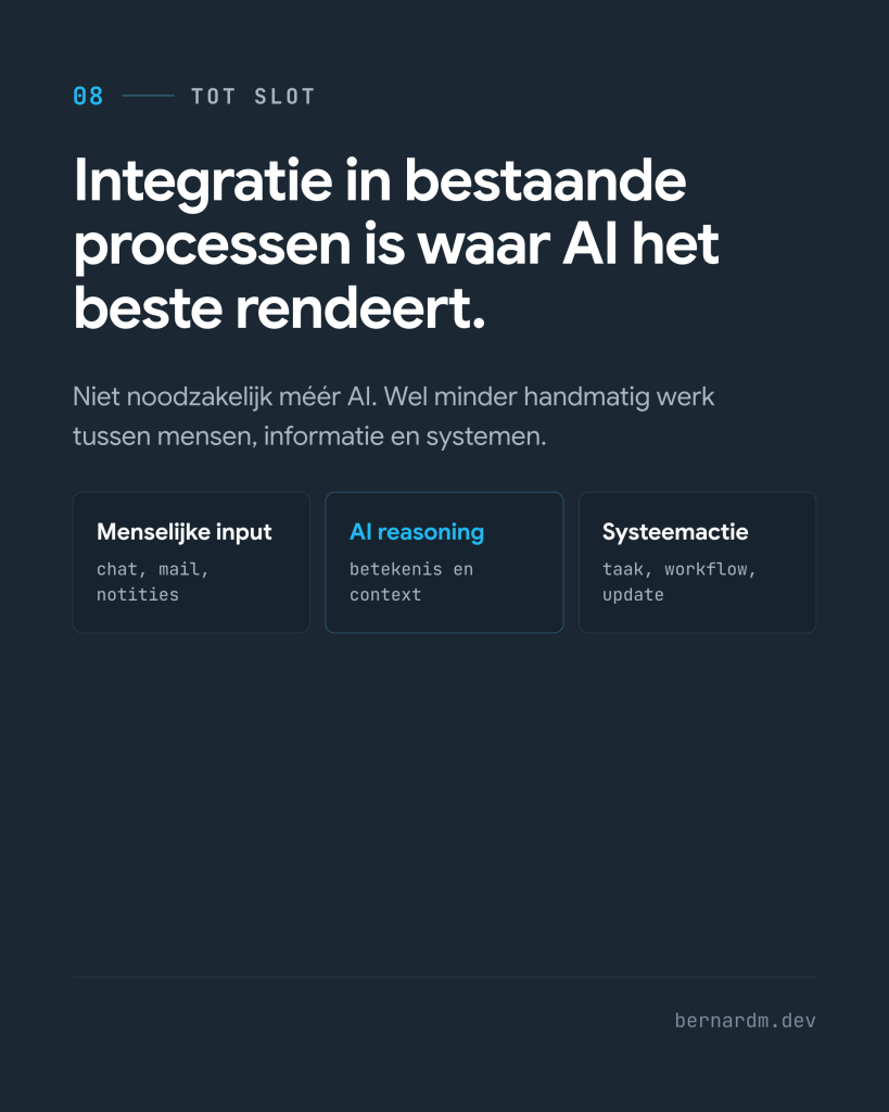 Tot slot: integratie in bestaande processen is waar AI het beste rendeert. Menselijke input, AI-reasoning, systeemactie.